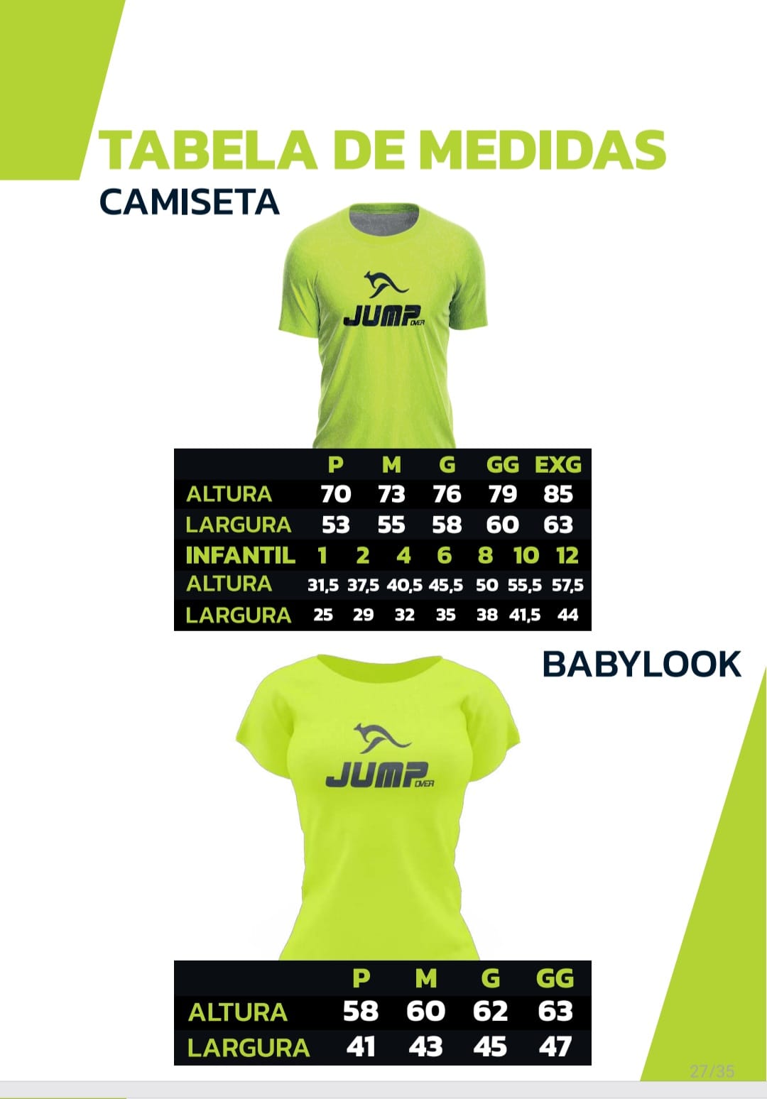 Tabela de medidas da camiseta